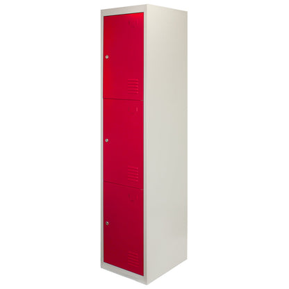 Metal Storage Lockers - Three Doors, Flatpacked, Red