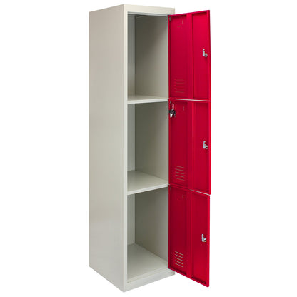 Metal Storage Lockers - Three Doors, Flatpacked, Red