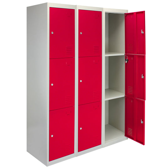 3 x Metal Storage Lockers - Three Doors, Red - Flatpack