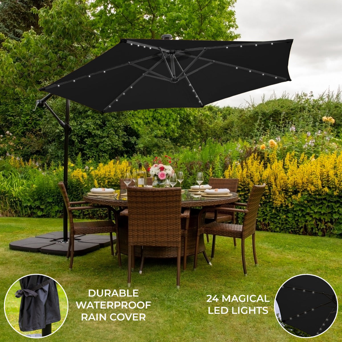 Black 3m LED Cantilever Parasol With Plain Base