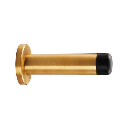 WALL MOUNTED CYLINDER DOORSTOP WITH ROSE - SATIN BRASS - 70MM