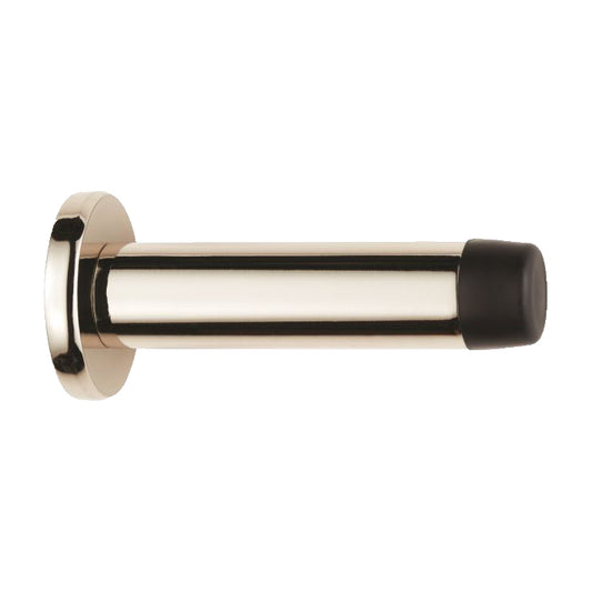 WALL MOUNTED CYLINDER DOORSTOP WITH ROSE - POLISHED NICKEL - 64MM