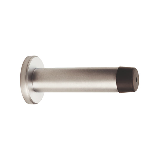 WALL MOUNTED CYLINDER DOORSTOP WITH ROSE - SATIN CHROME - 64MM