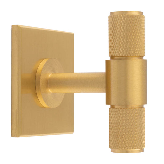 KNURLED T-BAR KNOB ON SQUARE BACKPLATE - SATIN BRASS -