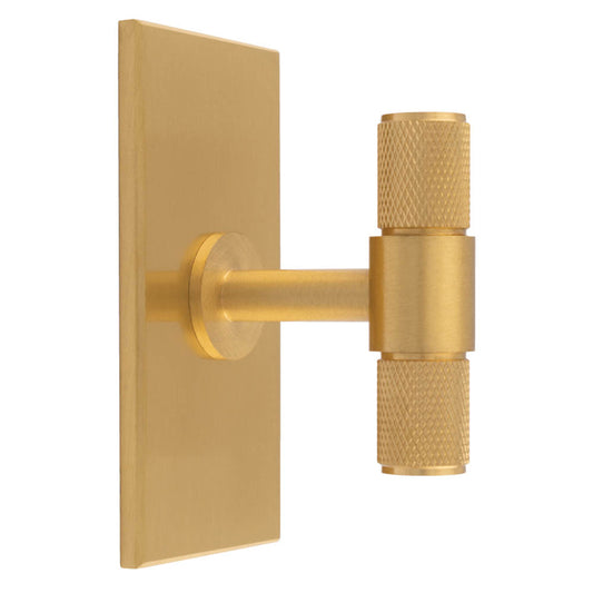 KNURLED T-BAR KNOB ON RECTANGULAR BACKPLATE - SATIN BRASS -