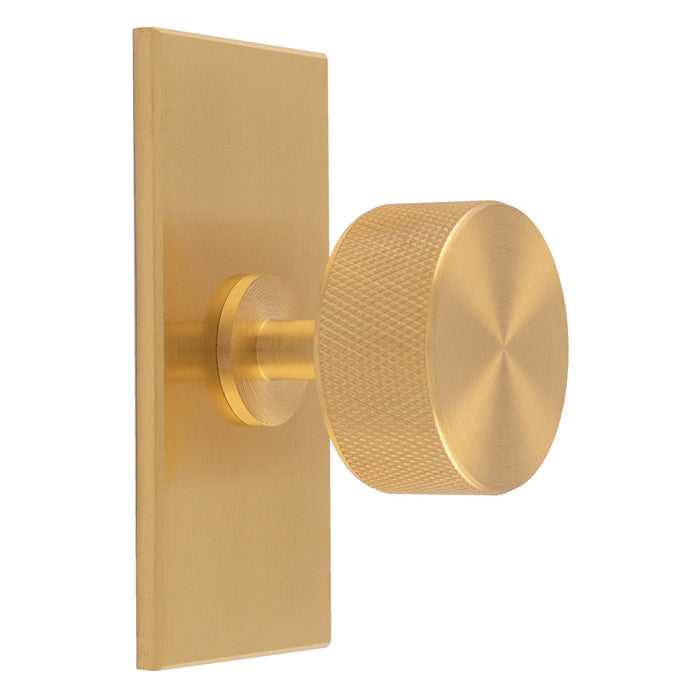 KNURLED RADIO KNOB ON RECTANGULAR BACKPLATE - SATIN BRASS -