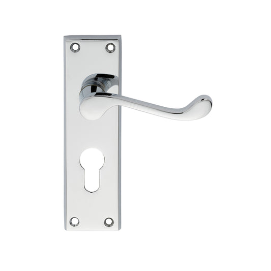 VICTORIAN SCROLL LEVER ON BACKPLATE - LOCK EURO PROFILE 47.5MM C/C (CONTRACT RANGE) - POLISHED CHROME - 155MM X 40MM