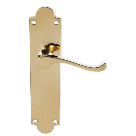 VICTORIAN SCROLL LEVER ON SHAPED BACKPLATE - LATCH (CONTRACT RANGE) - POLISHED BRASS - 203MM X 48MM