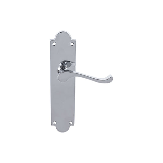 VICTORIAN SCROLL LEVER ON SHAPED BACKPLATE - LATCH (CONTRACT RANGE) - POLISHED CHROME - 203MM X 48MM