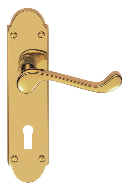 VICTORIAN SCROLL LEVER ON SHAPED BACKPLATE - LOCK 57MM C/C (CONTRACT RANGE) - POLISHED BRASS - 203MM X 48MM