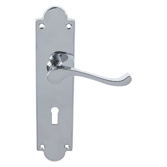 VICTORIAN SCROLL LEVER ON SHAPED BACKPLATE - LOCK 57MM C/C (CONTRACT RANGE) - POLISHED CHROME - 203MM X 48MM