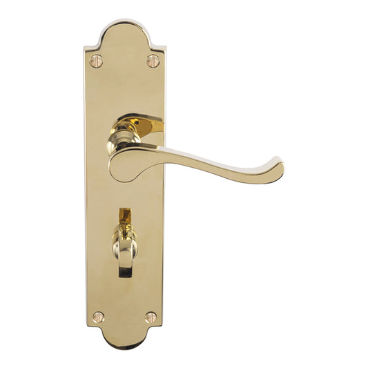 VICTORIAN SCROLL LEVER ON SHAPED BACKPLATE - BATHROOM 57MM C/C (CONTRACT RANGE) - POLISHED BRASS - 203MM X 48MM