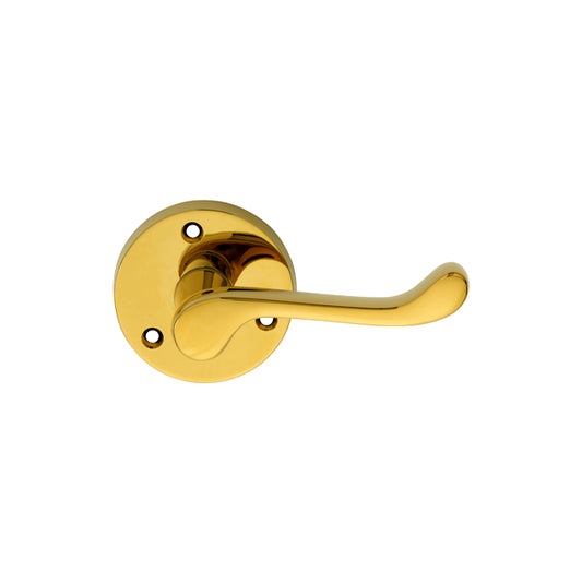 VICTORIAN SCROLL LEVER ON SPRUNG FACE-FIX ROUND ROSE - POLISHED BRASS - 57MM