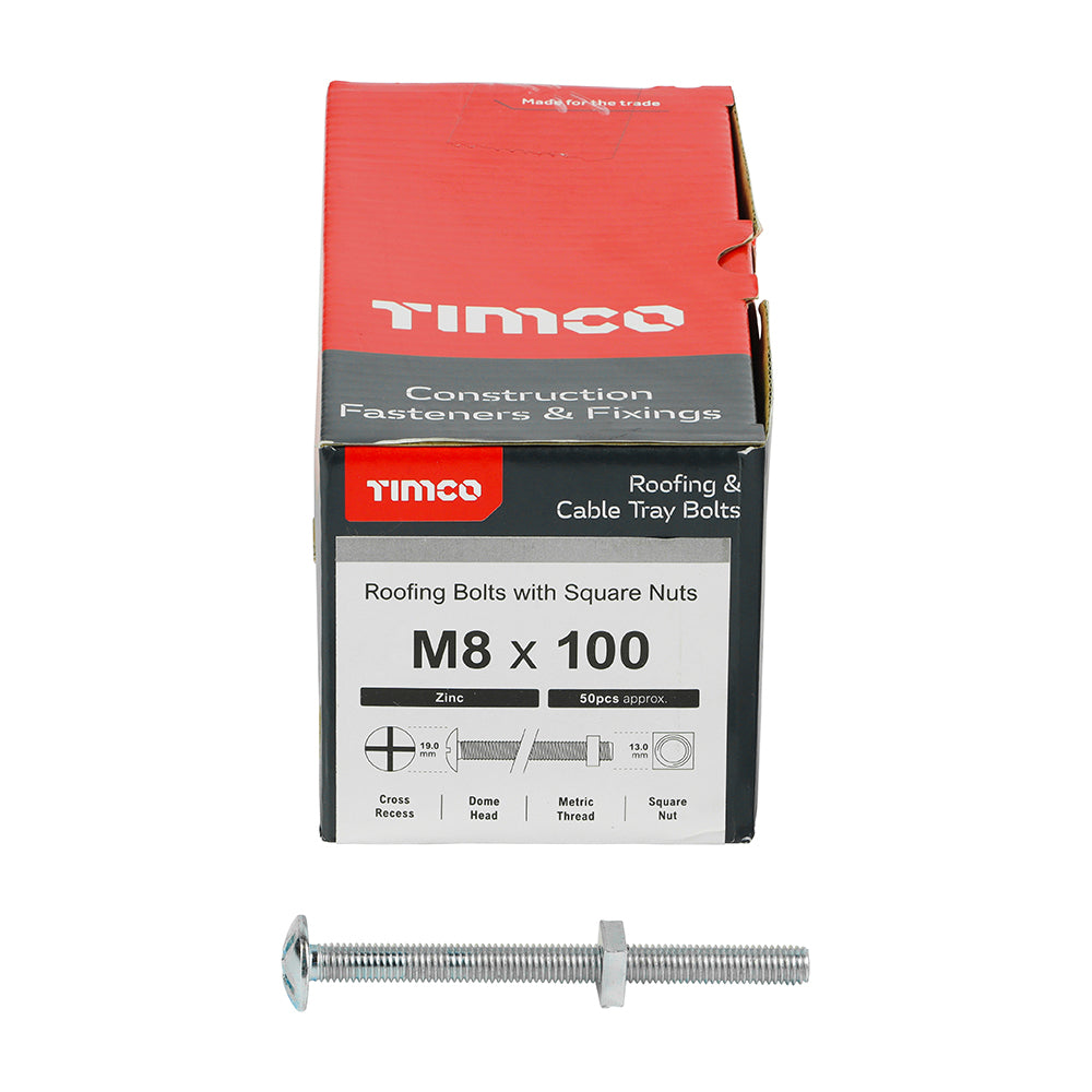 50 x TIMCO Roofing Bolts & Square Nuts Silver - M8 x 100