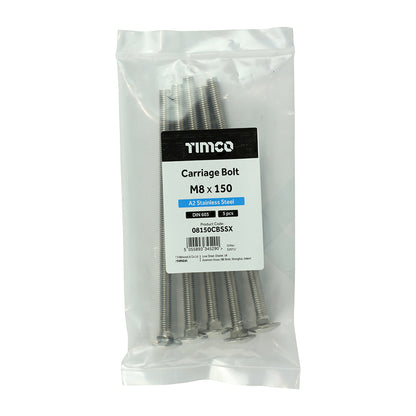 5 x TIMCO Carriage Bolts DIN603 A2 Stainless Steel - M8 x 150