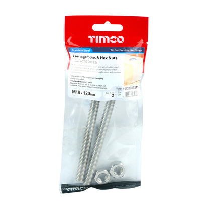 Pair of - TIMCO Carriage Bolts DIN603 & Hex Full Nut DIN934 A2 Stainless Steel - M10 x 120