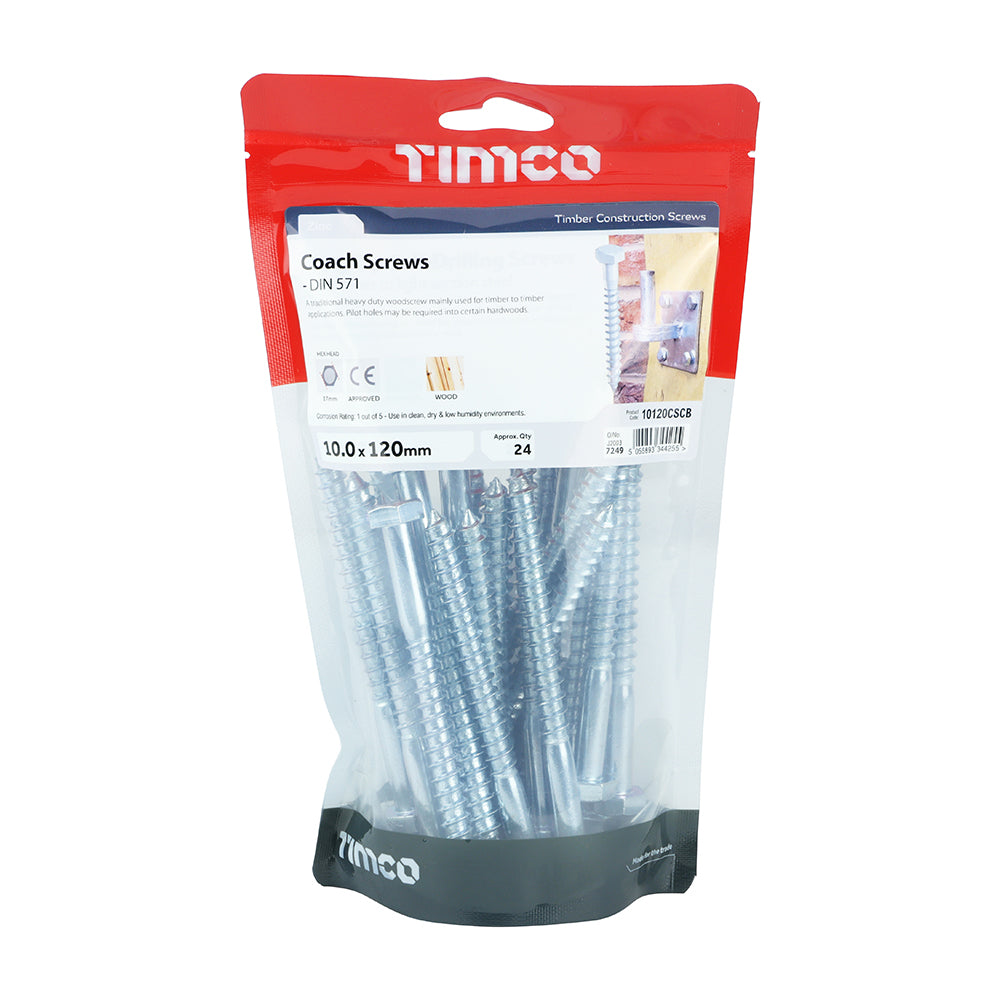 24 x TIMCO Coach Screws Hex Head Silver  - 10.0 x 120