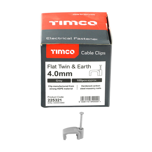 100 x TIMCO Flat & Twin Cable Clips Grey - To fit 4.0mm