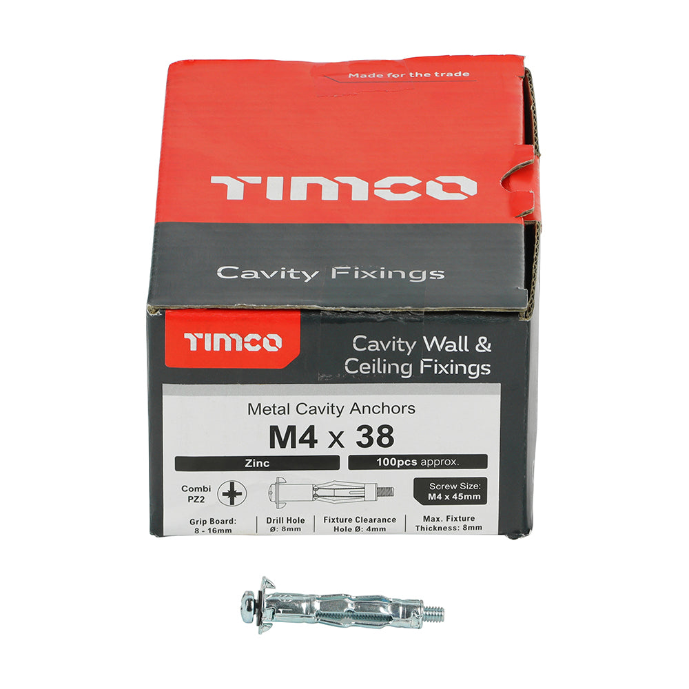 100 x TIMCO Metal Cavity Anchors Silver - M4 x 38 (45mm Screw)