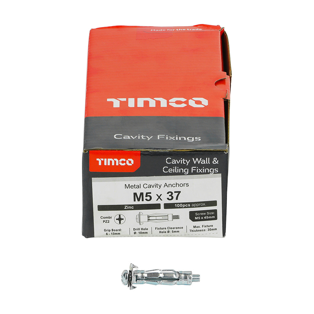 100 x TIMCO Metal Cavity Anchors Silver - M5 x 37 (45mm Screw)