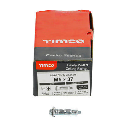 100 x TIMCO Metal Cavity Anchors Silver - M5 x 37 (45mm Screw)