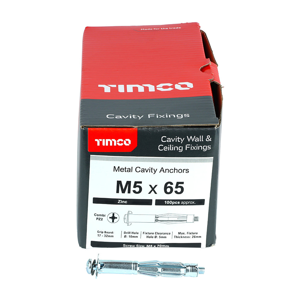 100 x TIMCO Metal Cavity Anchors Silver - M5 x 65 (70mm Screw)