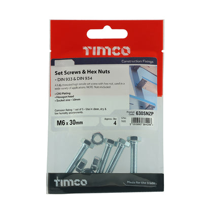 4 x TIMCO Set Screws DIN933 Grade 8.8 & Hex Nut DIN934 Silver - M6 x 30