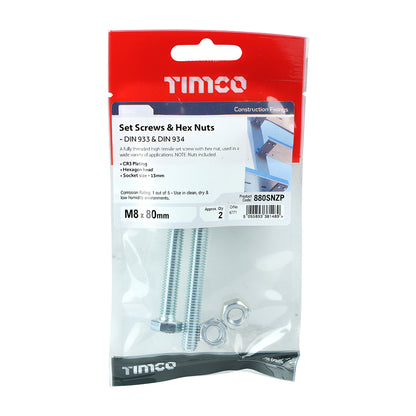 Pair of - TIMCO Set Screws DIN933 Grade 8.8 & Hex Nut DIN934 Silver - M8 x 80