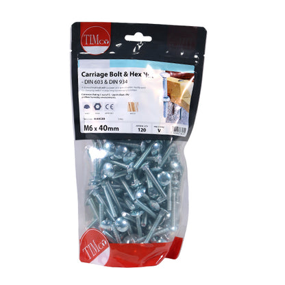 120 x TIMCO Carriage Bolts DIN603 & Hex Full Nut DIN934 Silver - M6 x 40