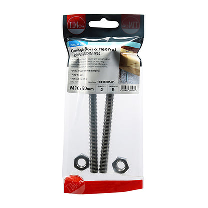 Pair of - TIMCO Carriage Bolts DIN603 & Hex Full Nut DIN934 A2 Stainless Steel - M10 x 130