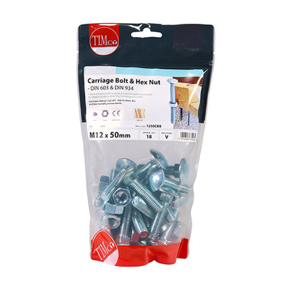 18 x TIMCO Carriage Bolts DIN603 & Hex Full Nut DIN934 Silver - M12 x 50