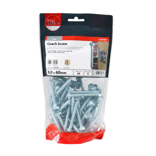 65 x TIMCO Coach Screws Hex Head Silver  - 8.0 x 60