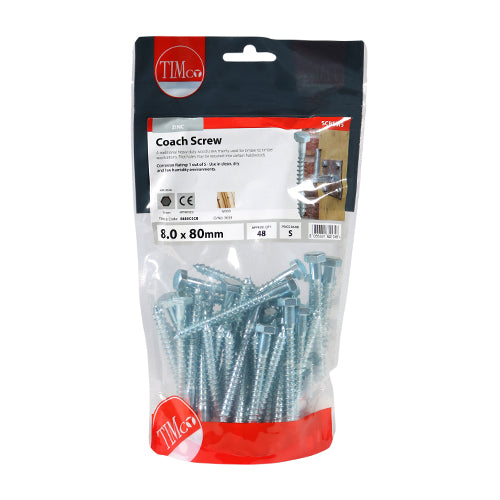 48 x TIMCO Coach Screws Hex Head Silver  - 8.0 x 80