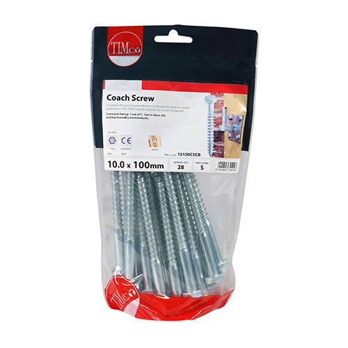 28 x TIMCO Coach Screws Hex Head Silver  - 10.0 x 100