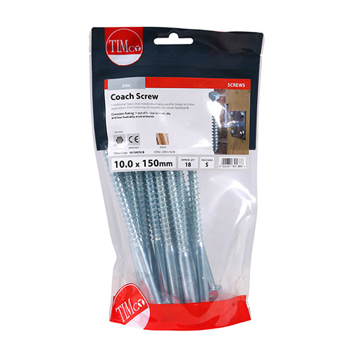 18 x TIMCO Coach Screws Hex Head Silver  - 10.0 x 150