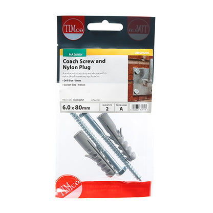 Pair of - TIMCO Coach Screw & Nylon Plugs Zinc - 6.0 x 80