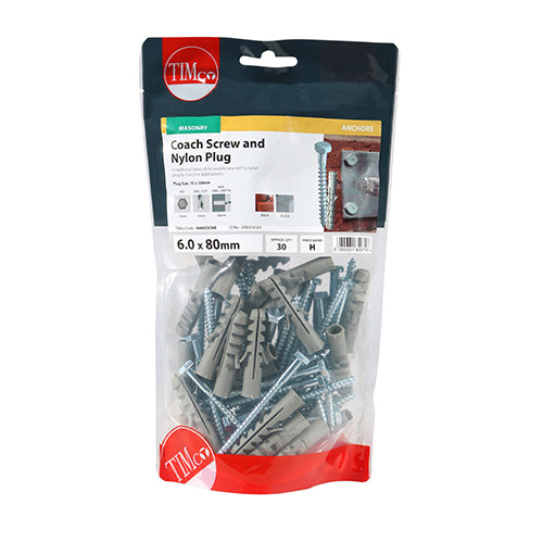 30 x TIMCO Coach Screws Hex Head Silver  - 6.0 x 80