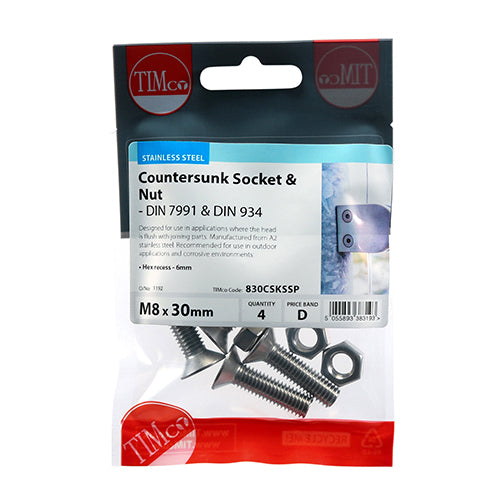 4 x TIMCO Countersunk Socket Screws DIN7991 A2 Stainless Steel - M8 x 30