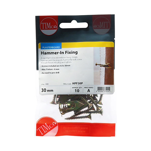 10 x TIMCO Plasterboard Hammer-In Fixings - 4 x 30mm