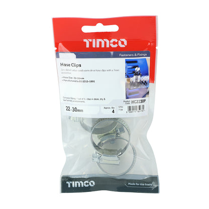 4 x TIMCO Hose Clips Silver - 22-30mm