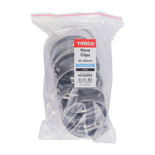 10 x TIMCO Hose Clips A2 Stainless Steel - 45-60mm