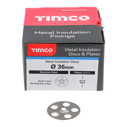 100 x TIMCO Metal Insulation Disc Stainless Steel - 36mm