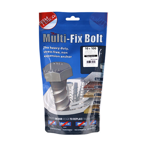 12 x TIMCO Multi-Fix Bolts Hex Head Exterior Silver - 10.0 x 100