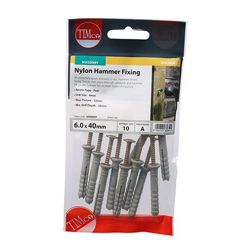 10 x TIMCO Nylon Hammer Fixings - 6.0 x 40