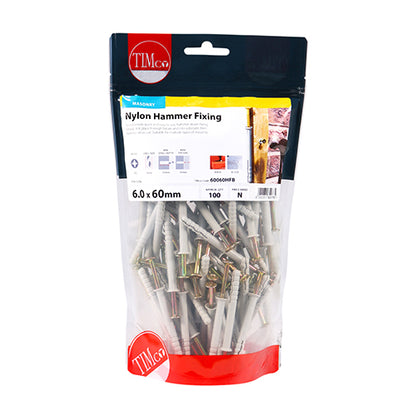 100 x TIMCO Nylon Hammer Fixings - 6.0 x 60