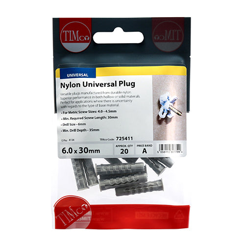 20 x TIMCO Nylon Universal Plugs - 6.0 x 30