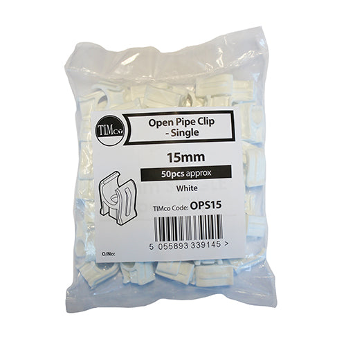 50 x Single Snap-In Open Pipe Clips White  - 15mm