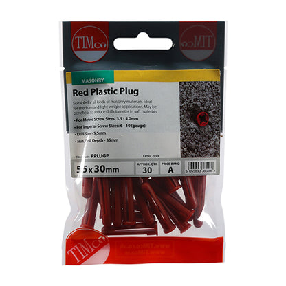 30 x TIMCO Red Plastic Plugs - 30mm