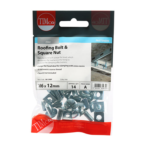 14 x TIMCO Roofing Bolts & Square Nuts Silver - M6 x 12