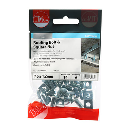 14 x TIMCO Roofing Bolts & Square Nuts Silver - M6 x 12